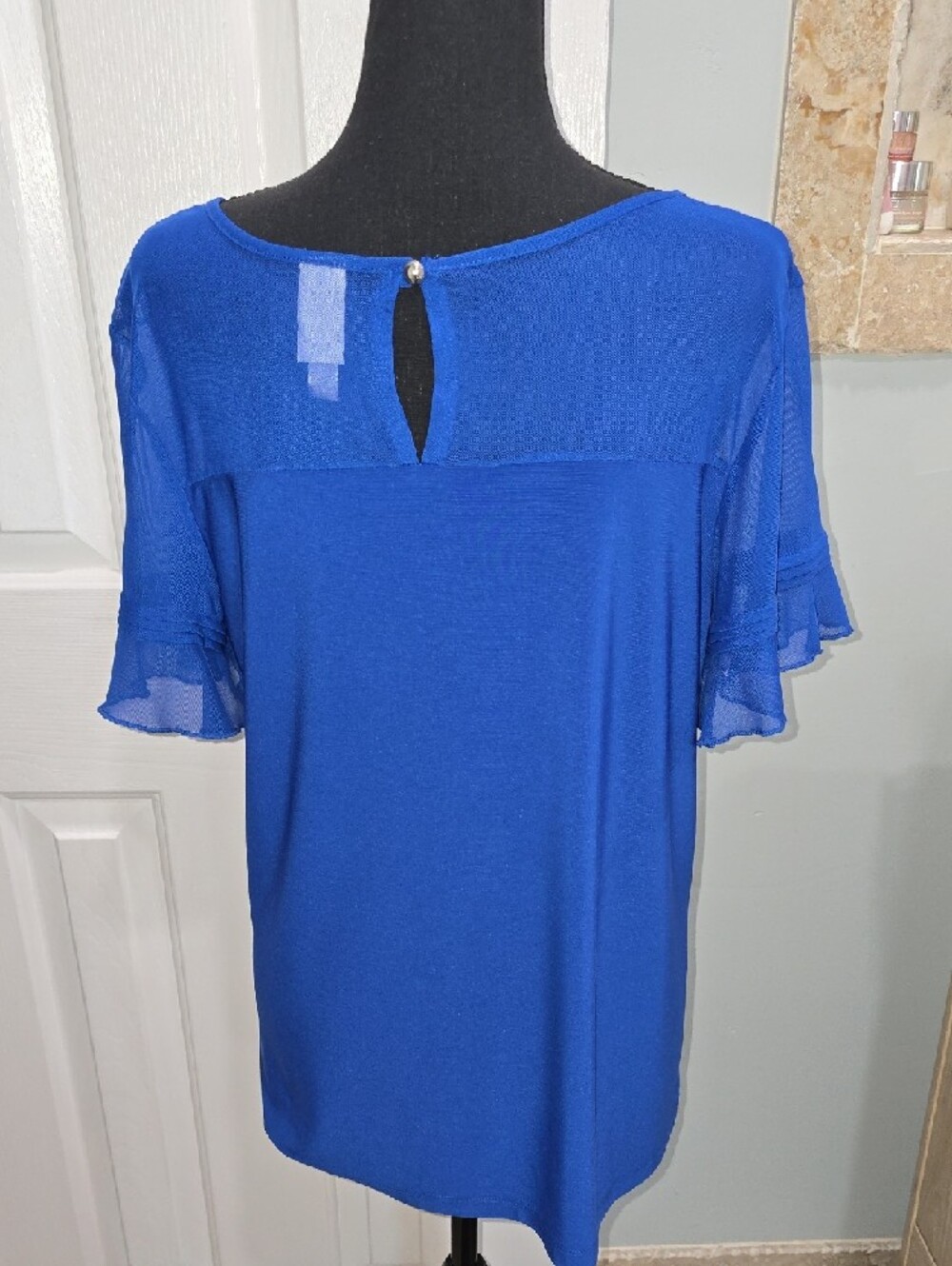 Per Seption Blue Mesh Sleeve Scoop Neck Top Size L - Picture 7 of 11